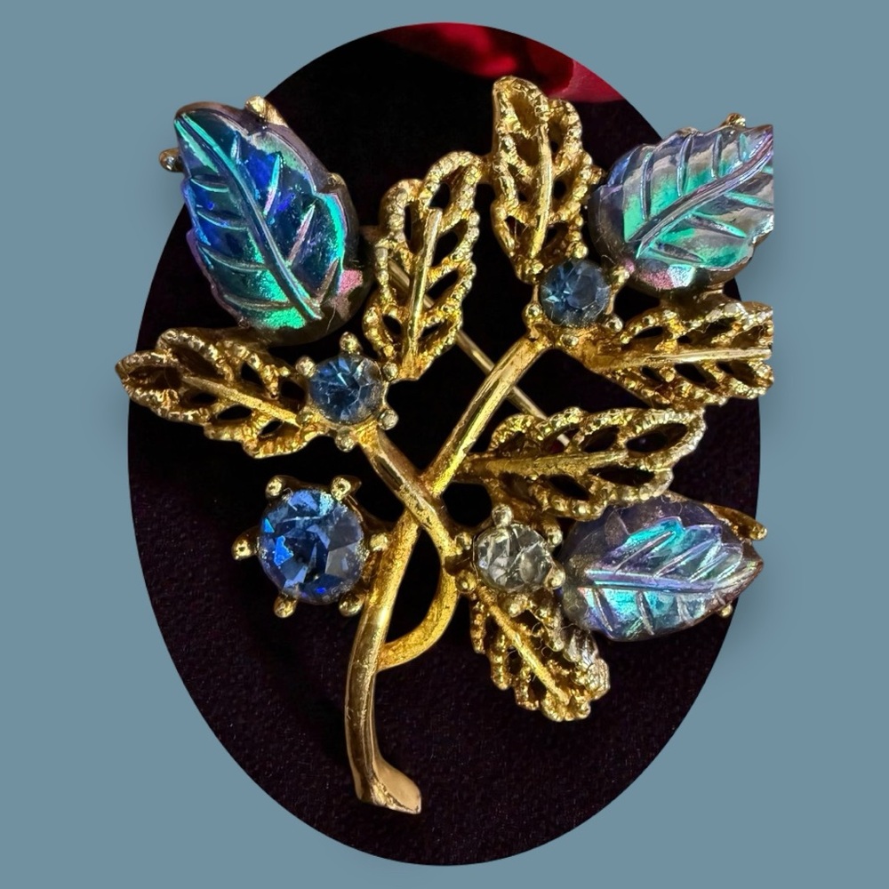 Vintage Blue Aurora Borealis Elegant Gold Leaf Brooch Molded in Glass Leaf